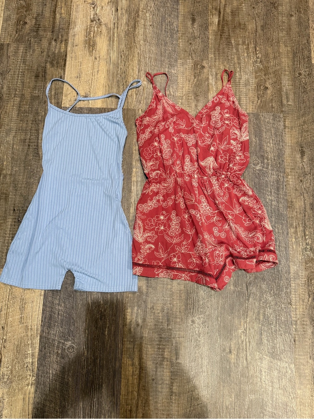 🎈2 for $20 LA Hearts Red Floral V-Neck Romper with Blue Striped Knit Romper Set